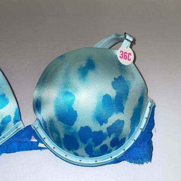Victoria's Secret PINK Heartbreaker Plunge Push Up Bra Womens 36C Blue Animal - Picture 2 of 8